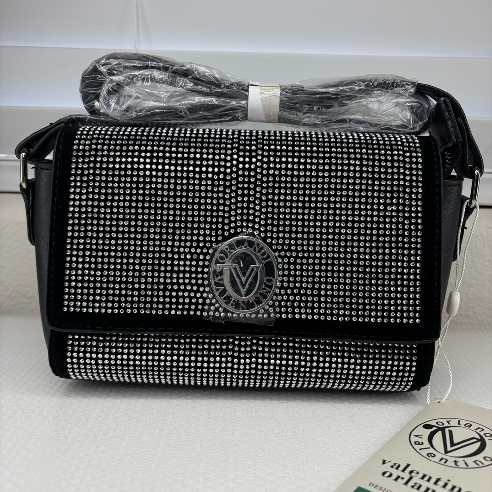 Valentino Orlandi Black and Silver Rhinestone Studded Crossbody Bag